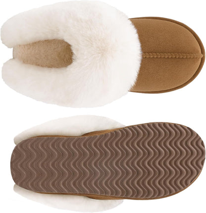 Fuzzy House Slippers for Women Fluffy Memory Foam Suede Slippers with Faux Fur Collar Indoor Outdoor