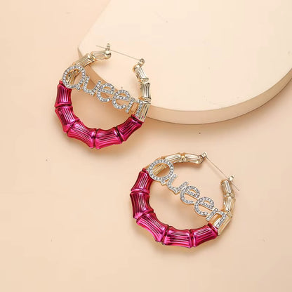 Trendy Big round Circle Bamboo Hoop Earring for Women Statement Golden Queen Babygirl Metal Letter Earrings Punk Jewelry