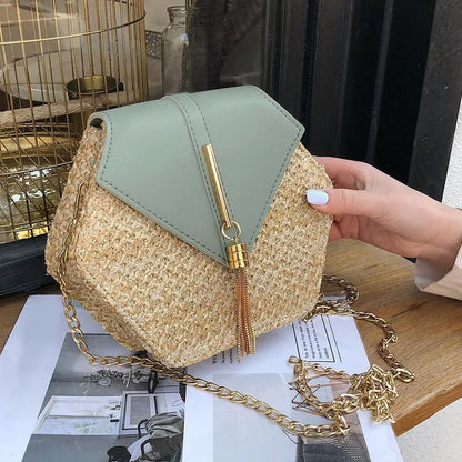 Hot Hexagon New Mulit Style Straw+Pu Chain Messenger Bags Women Summer Rattan Handmade Woven Beach Boho Bags Bolso Feminina