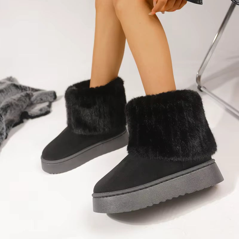 Shoes for Women Winter Slip on Women'S Boots Black round Toe Solid Flock Plush Warm Mid Heel Water Proof Casual Snow Boots Women