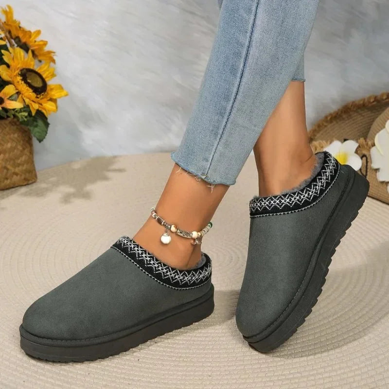 Women Warm Suede Snow Boots Autumn Winter Woman Slip on Platform Boats Close Toe Hair Half Slipper Female Cotton Shoes