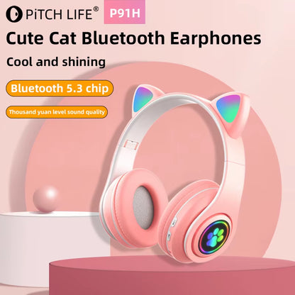 P91H,Cute Cat Ears BT Wireless Headphone Com Mic E Flash Light, Capacete De Música Estéreo LED, Fone De Ouvido Dobrável, Pres