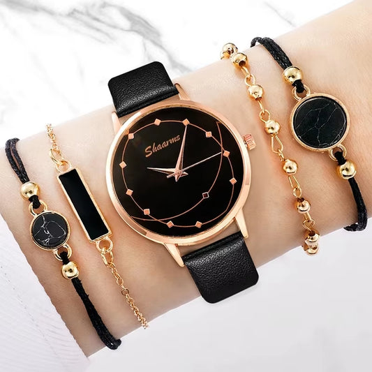 5Pcs Set Women Fashion Watch Casual Leather Belt Watches Ladies Starry Sky Dial Quartz Wristwatches Dress Clock Reloj Mujer