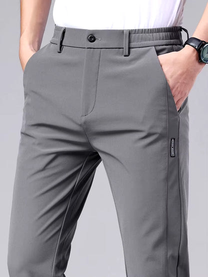 Men'S Casual Pants, Semi Elastic Waistband, Nylon Ice Silk Elastic Straight Tube, Light Gray, Business Gentleman, Summer Casual