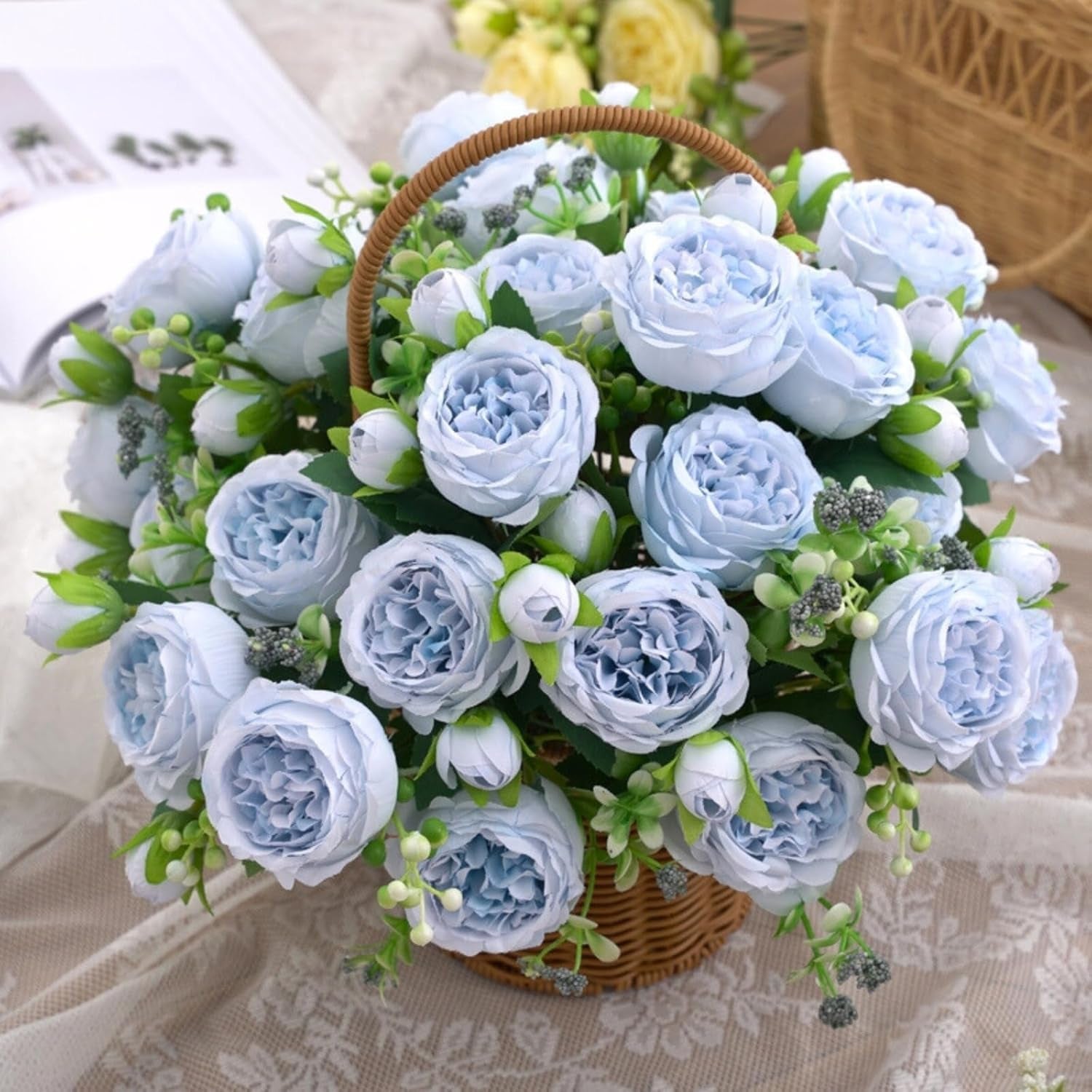 Artificial Flowers, 3PCS Blue Artificial Fake Peony Flower Silk Peonies Faux Flowers Arrangements Table Centerpieces for Wedding Office Party Home Decoration