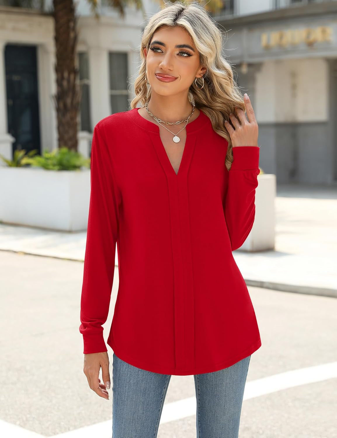 Womens Tops Dressy Casual Long Sleeve Business Shirts V Neck Pleated Work Blouses Loose Fit Fall Trendy Knit Top