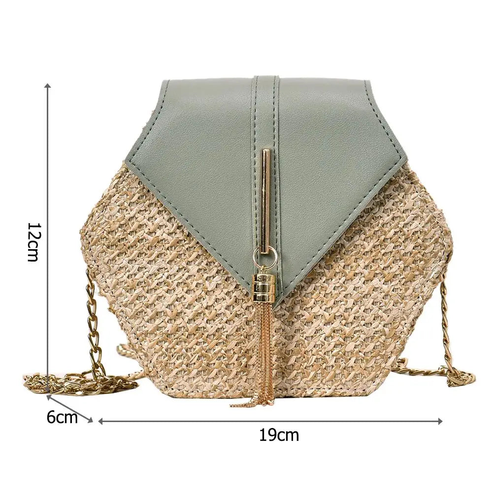 Hot Hexagon New Mulit Style Straw+Pu Chain Messenger Bags Women Summer Rattan Handmade Woven Beach Boho Bags Bolso Feminina