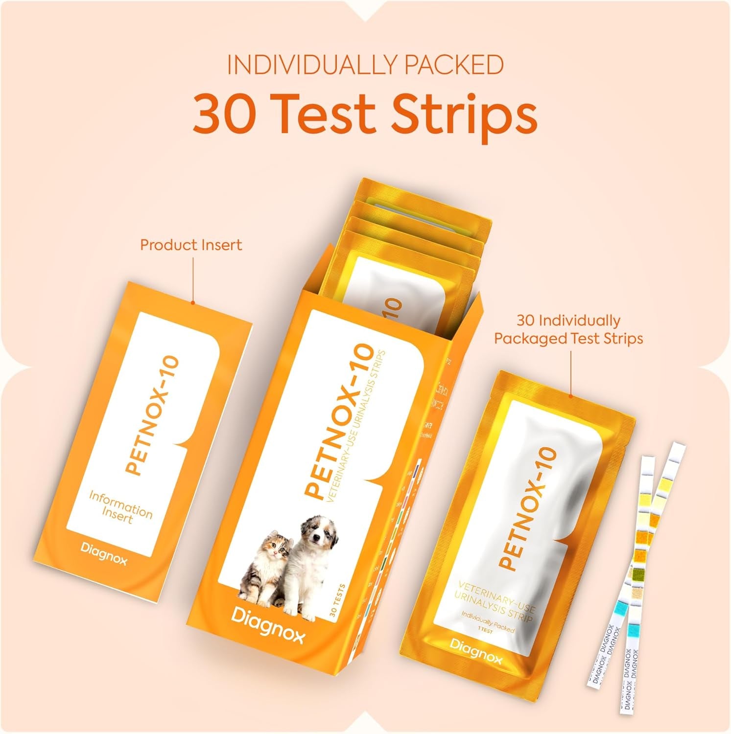 PETNOX 10-Parameter Cat & Dog Urine Test Strips - 30 X Individually Packed & Veterinary Grade Tests - Cat & Dog UTI Test Kit - Pet Test Strips for Urinalysis