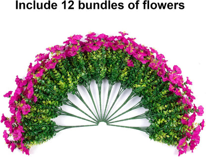Artificial Fake Outdoor Plants Flowers for Spring Summer Decoration, 12 Bundles Faux Silk UV Sun Resistant Realistic Morning Glory Fuchsia for Home outside Planter Pot Porch Garden Patio