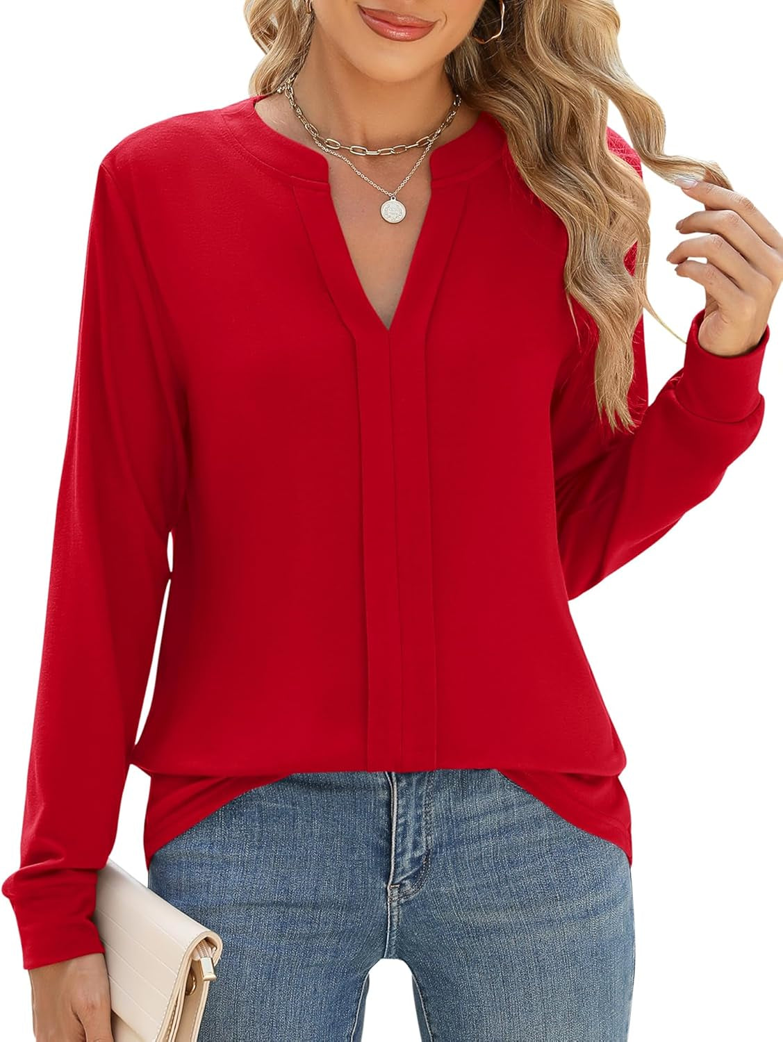 Womens Tops Dressy Casual Long Sleeve Business Shirts V Neck Pleated Work Blouses Loose Fit Fall Trendy Knit Top