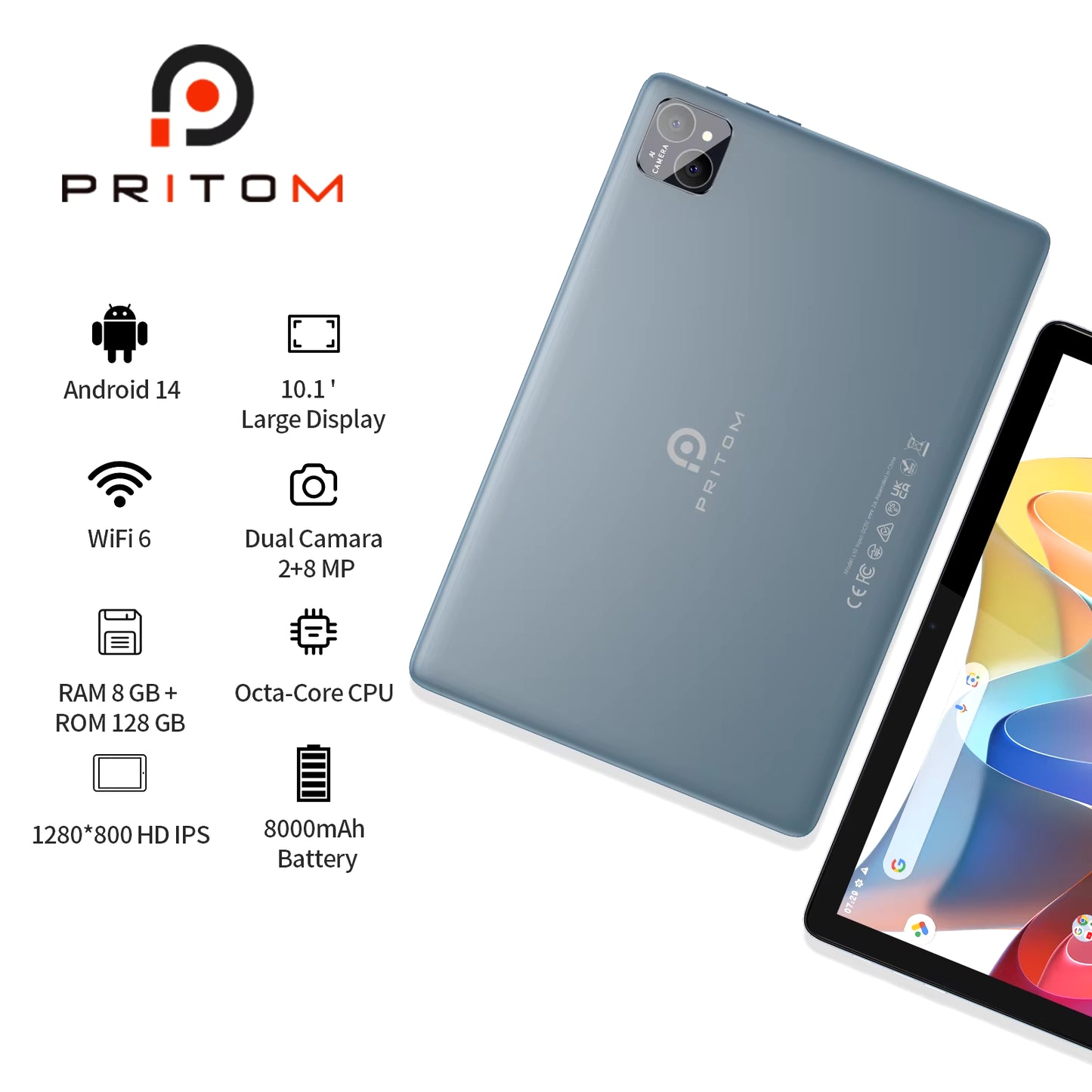 PRITOM TAB11 Android 14 Tablet 10 Inch, 8GB(4+4 Expand) RAM + 128GB ROM, Octa Core, 5G Wifi, with Keyboard, Mouse, Case