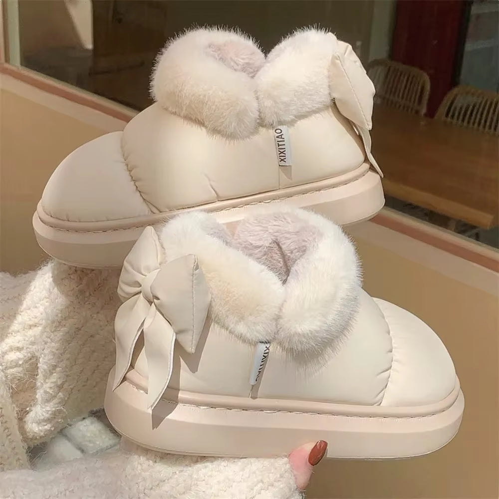 Cute Warm Ankle Boots Winter Women'S Bow Warmth Plush Bow Cotton Shoes 2024 New Waterproof down Cloth Short Barrel Snow Boots