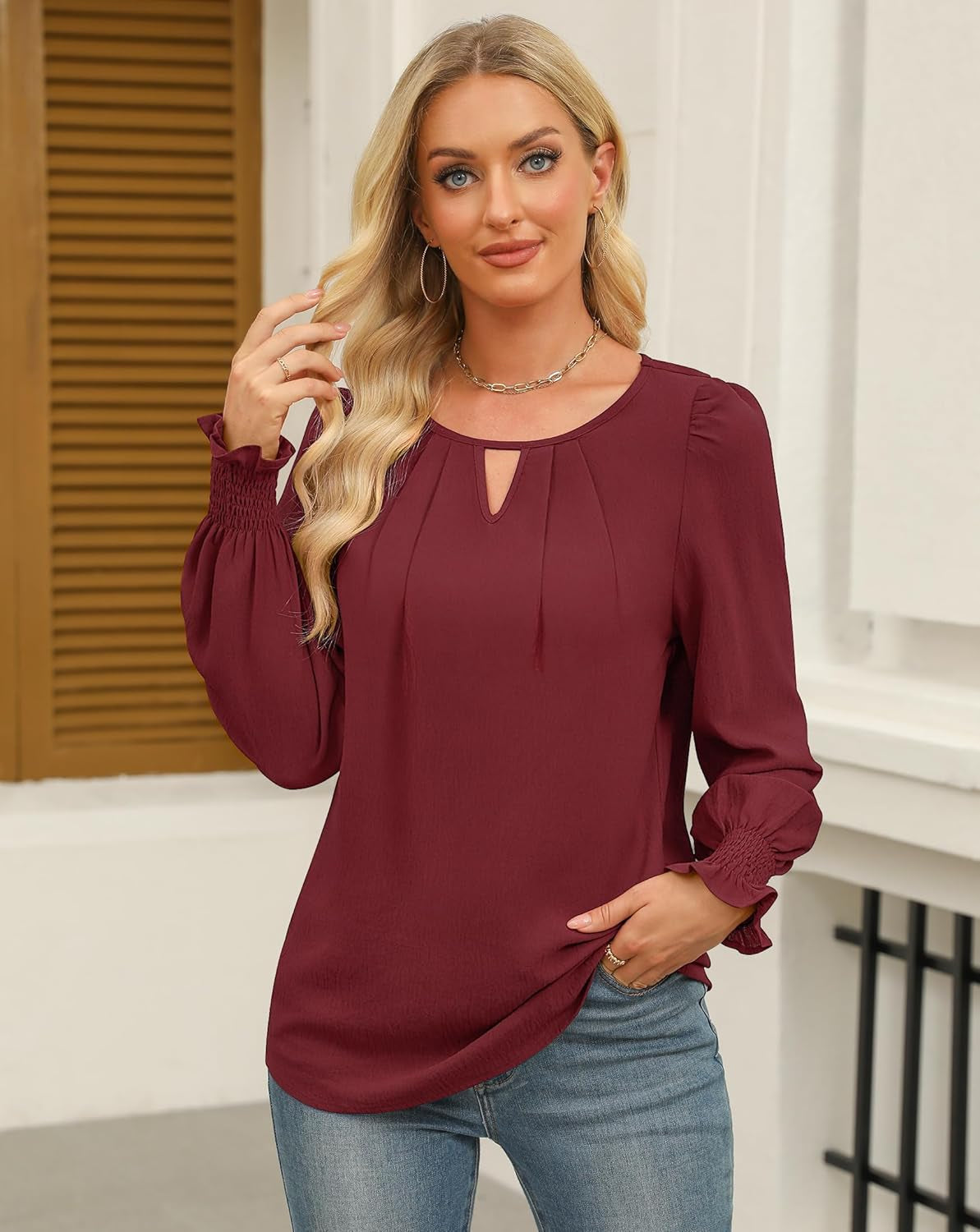 Womens Long Sleeve Tops Dressy Casual Keyhole Blouses Pleated Tops 2024 Trendy Basic Work Shirts