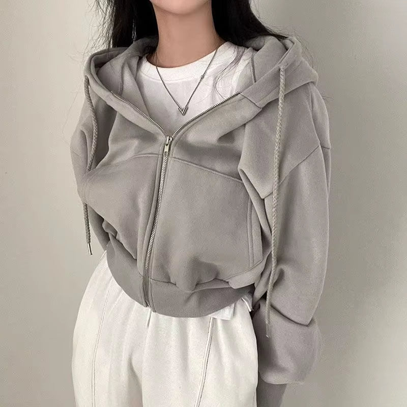 Casual Hood Sweatshirt Women Y2K Zip up Hoodies Solid Harajuku Long Sleeve Shirt Oversized Crop Tops Female Loose Jackets Coat