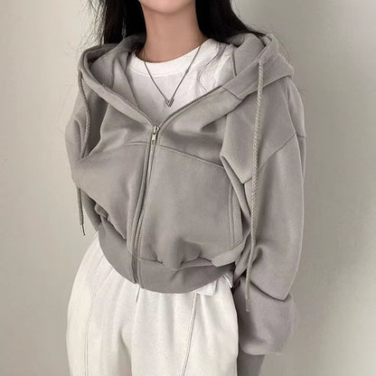 Casual Hood Sweatshirt Women Y2K Zip up Hoodies Solid Harajuku Long Sleeve Shirt Oversized Crop Tops Female Loose Jackets Coat