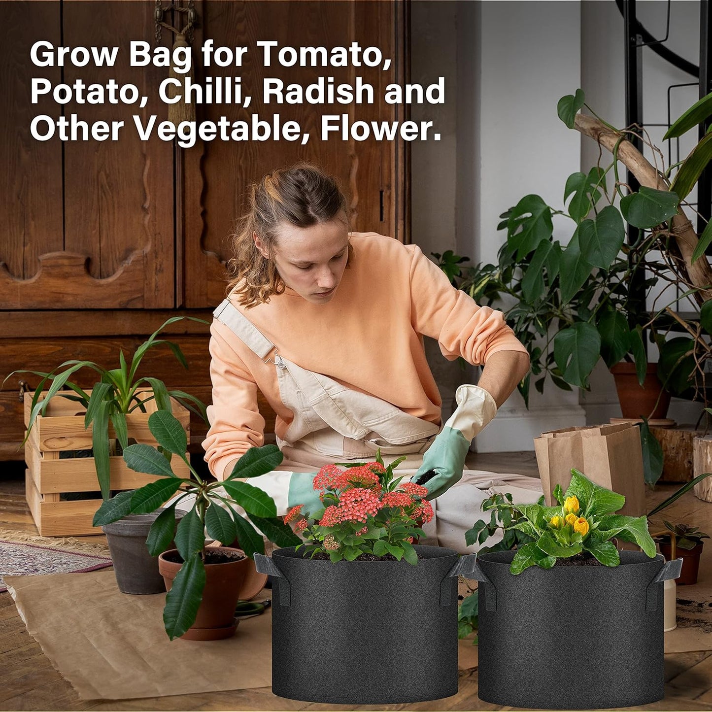 Plant Grow Bags 5 Gallon, Tomoato Planter Pots 5-Pack with Handles, Aeration Nonwoven Fabric, Heavy Duty Gardening Planter for Vegetable, Herbs and Flowers, Black