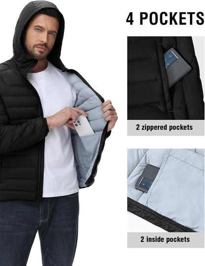 Men'S down Puffer Jackets Packable Lightweight Winter Coat Hooded Warm Insulated Puffy Jacket