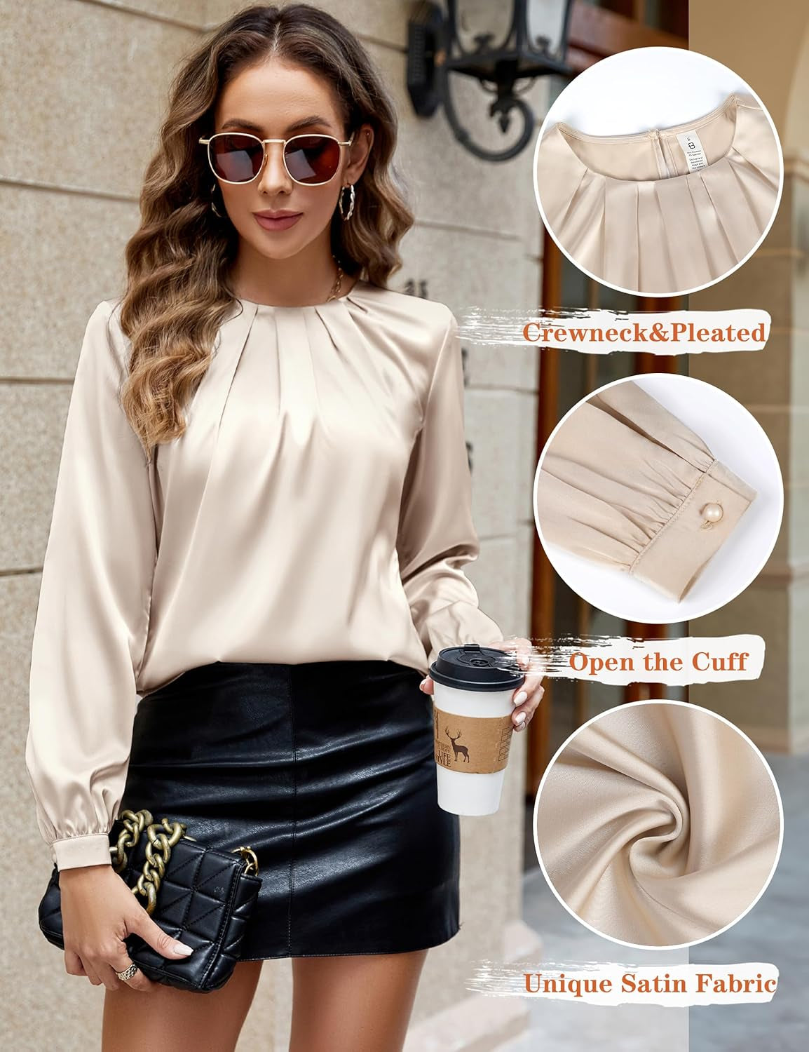 Womens Dressy Business Casual Blouse Pleated Long Sleeve Tops Satin Silk Work Shirt Fall Outfits 2024