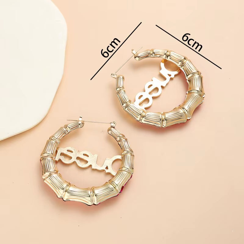 Trendy Big round Circle Bamboo Hoop Earring for Women Statement Golden Queen Babygirl Metal Letter Earrings Punk Jewelry