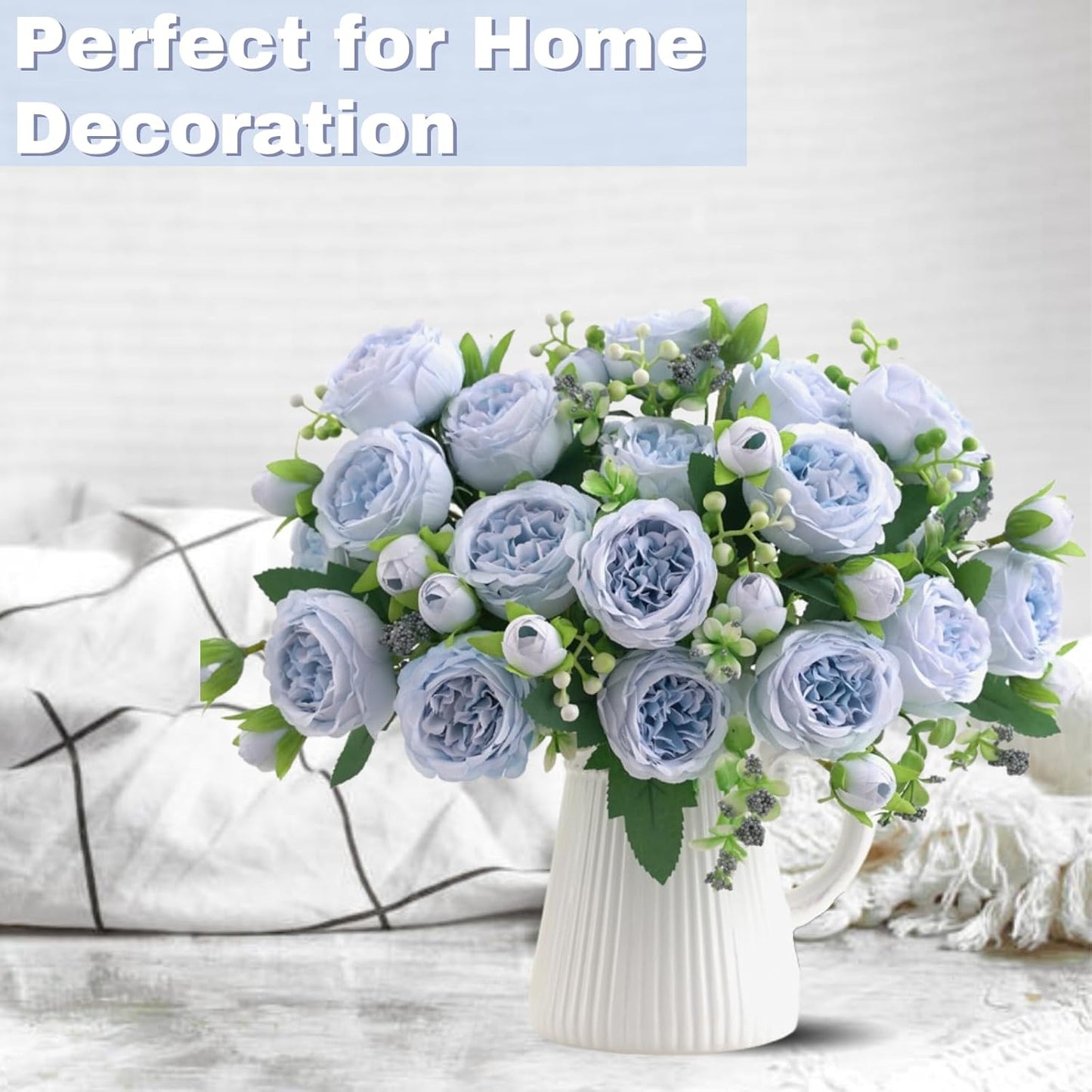 Artificial Flowers, 3PCS Blue Artificial Fake Peony Flower Silk Peonies Faux Flowers Arrangements Table Centerpieces for Wedding Office Party Home Decoration