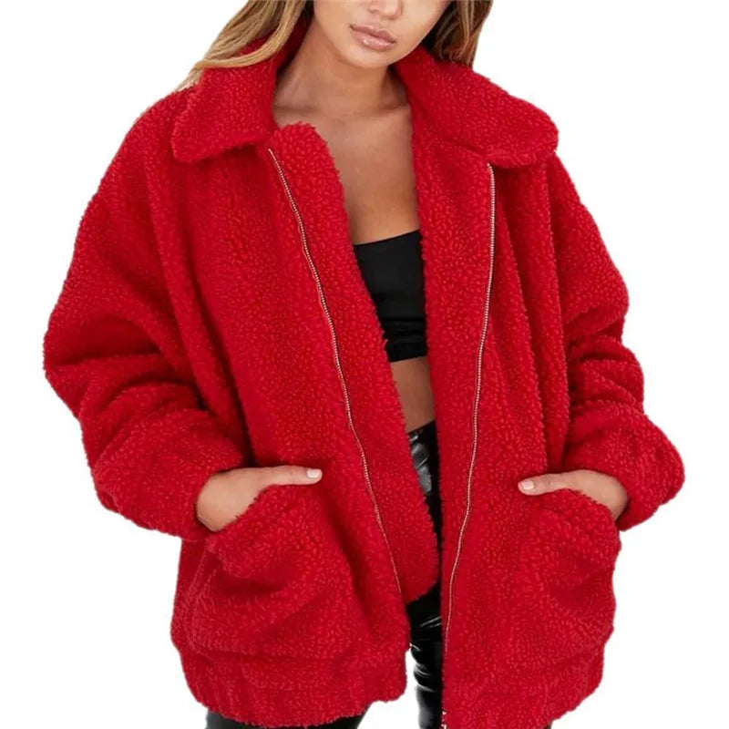 Elegant Bear Teddy Faux Fur Coat Women 2022 Autumn Winter Thick Warm Soft Fleece Jacket Female Pocket Zipper Coat Veste Femme