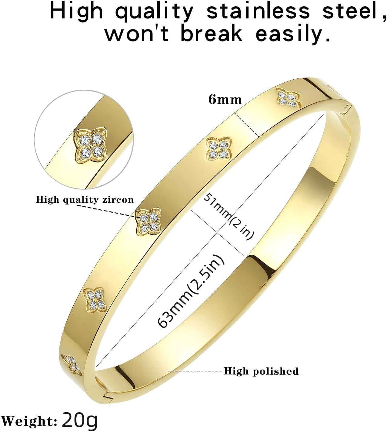 Gold Bangle Bracelets for Women Four Leaf Clover Lucky Love Cubic Zirconia Bracelet