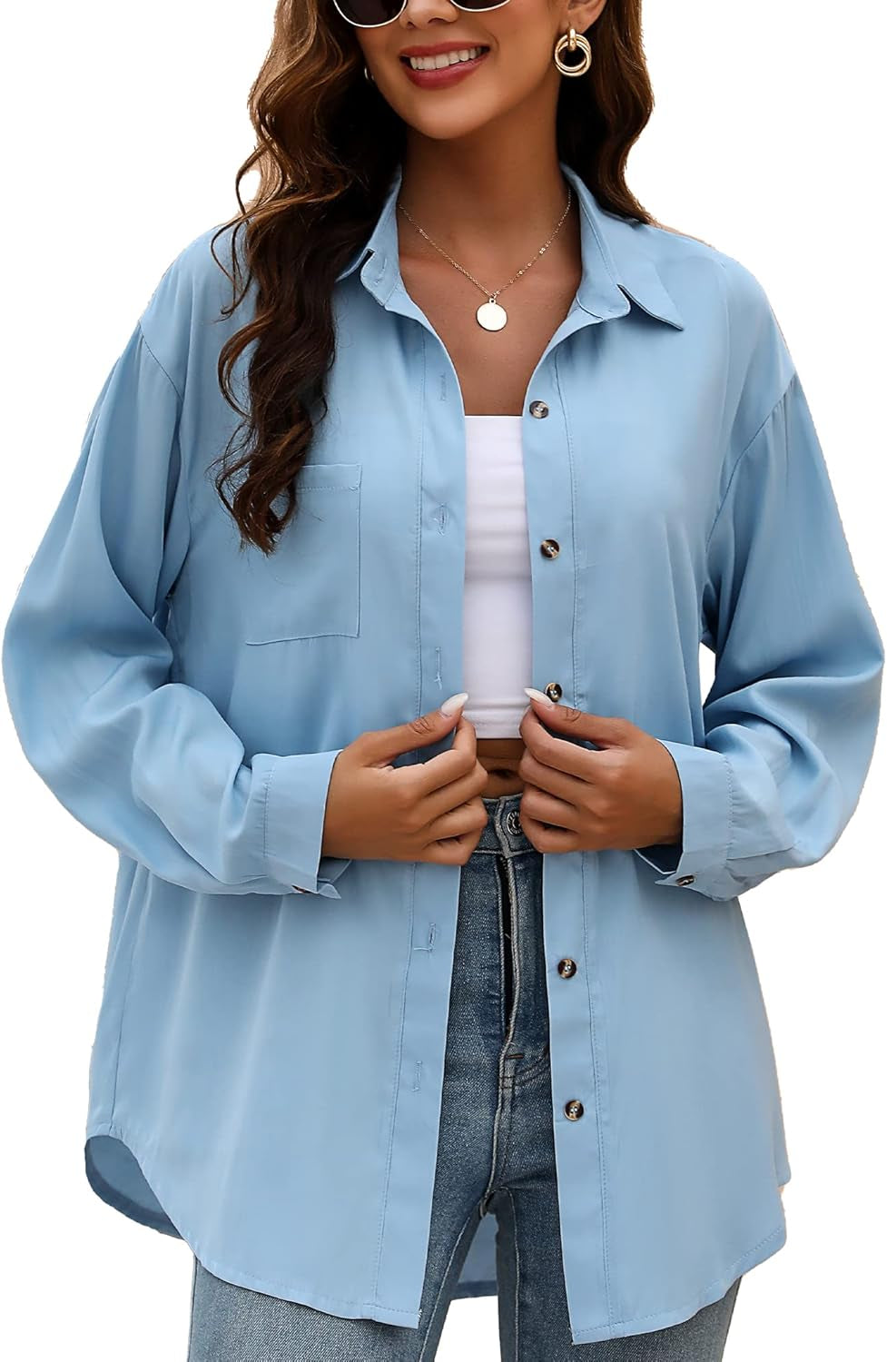 Womens Button down Collared Shirts Long Sleeve Blouses Oversized Causal Tops with Pocket