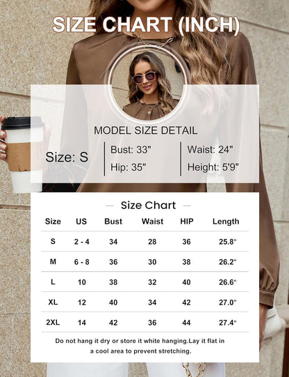 Womens Dressy Business Casual Blouse Pleated Long Sleeve Tops Satin Silk Work Shirt Fall Outfits 2024