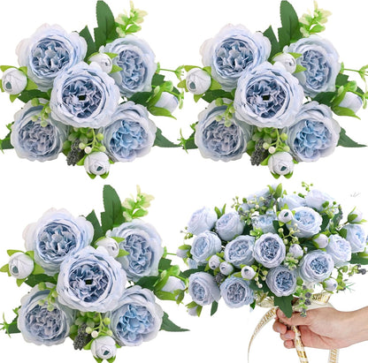 Artificial Flowers, 3PCS Blue Artificial Fake Peony Flower Silk Peonies Faux Flowers Arrangements Table Centerpieces for Wedding Office Party Home Decoration