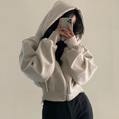 Casual Hood Sweatshirt Women Y2K Zip up Hoodies Solid Harajuku Long Sleeve Shirt Oversized Crop Tops Female Loose Jackets Coat