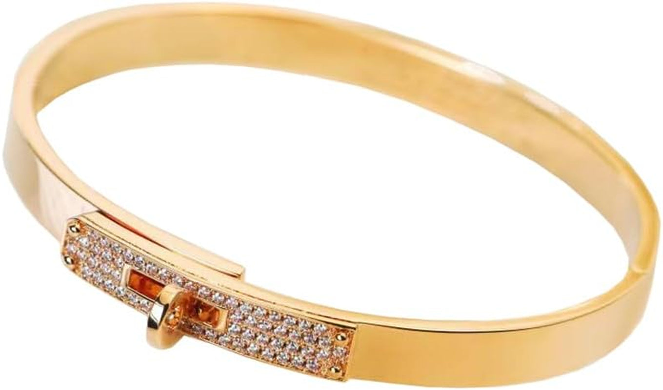 18K Gold Plated Turn Lock Bracelet with Cubic Zirconia，Classical Fashion Stainless Steel Bangle Bracelet for Men and Womens