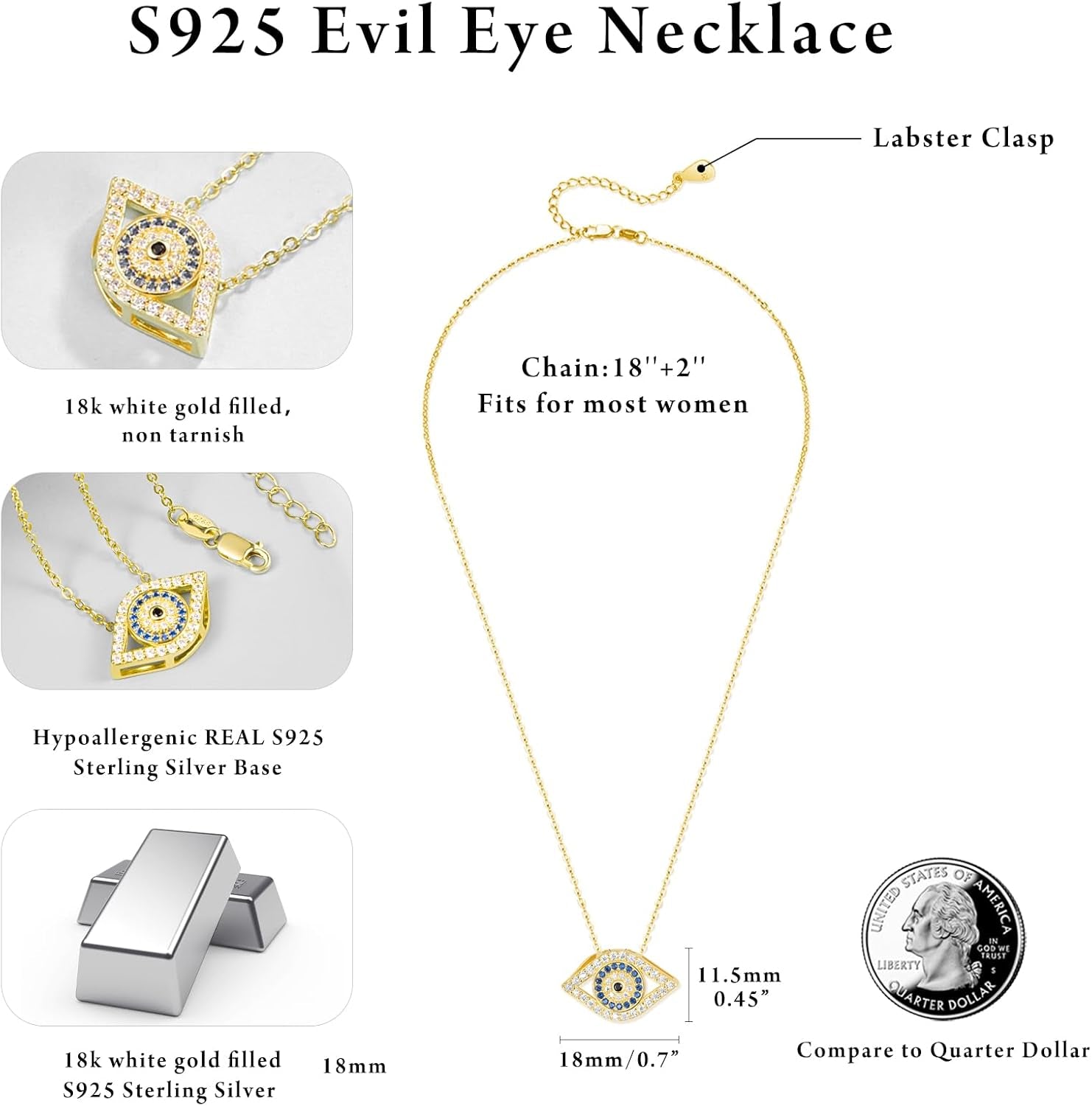 Evil Eye Necklace 925 Sterling Silver Women Classic Evil Eye Non Tarnish Jewelry Gift for Mothers Day Birthday Mom Wife