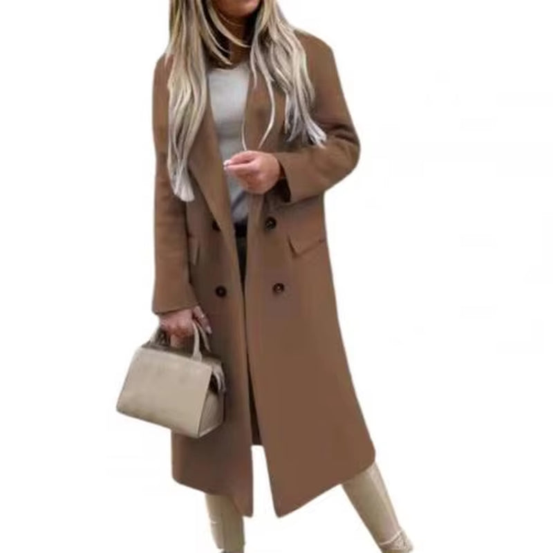 Women Oversize Coat Solid Color Double Breasted Autumn Winter Warm Suit Collar Long Sleeve Long Coat for Daily Wear