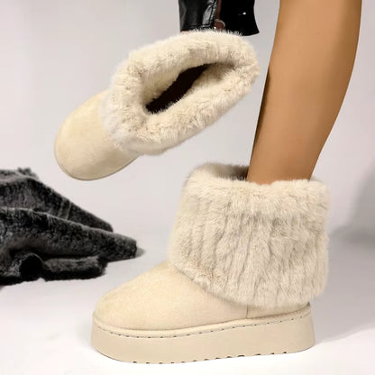 Shoes for Women Winter Slip on Women'S Boots Black round Toe Solid Flock Plush Warm Mid Heel Water Proof Casual Snow Boots Women