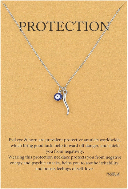 Dainty Blue Evil Eye Charm Horn Pendant Necklace for Women'S Spiritual Protection Jewelry 14K Gold Plated