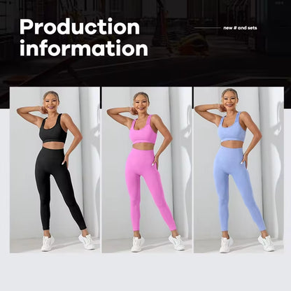 Yoga Basic 2Pcs Seamless High Stretch Yoga Set Tracksuit Gym Set Crisscross Back Cami Hip-Hugging Tummy Control Leggings