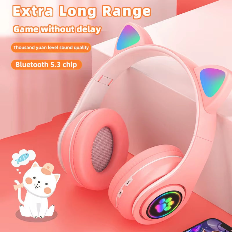 P91H,Cute Cat Ears BT Wireless Headphone Com Mic E Flash Light, Capacete De Música Estéreo LED, Fone De Ouvido Dobrável, Pres