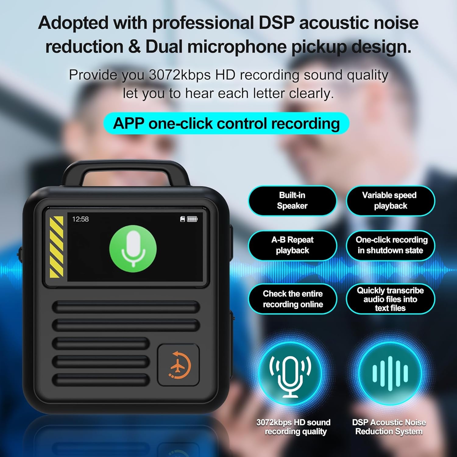 128GB (9360Hours) 3072Kbps Magnetic AI Voice Recorder APP Control,Transcribe,Simultaneous Interpretation Recording Device with Speaker,Dsp Noise Reduction Audio Recorder with Password, Black