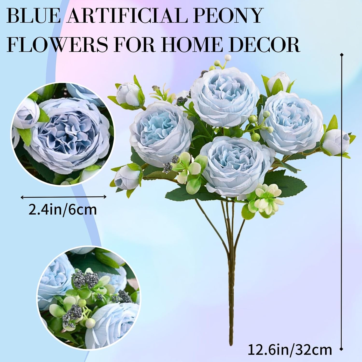 Artificial Flowers, 3PCS Blue Artificial Fake Peony Flower Silk Peonies Faux Flowers Arrangements Table Centerpieces for Wedding Office Party Home Decoration