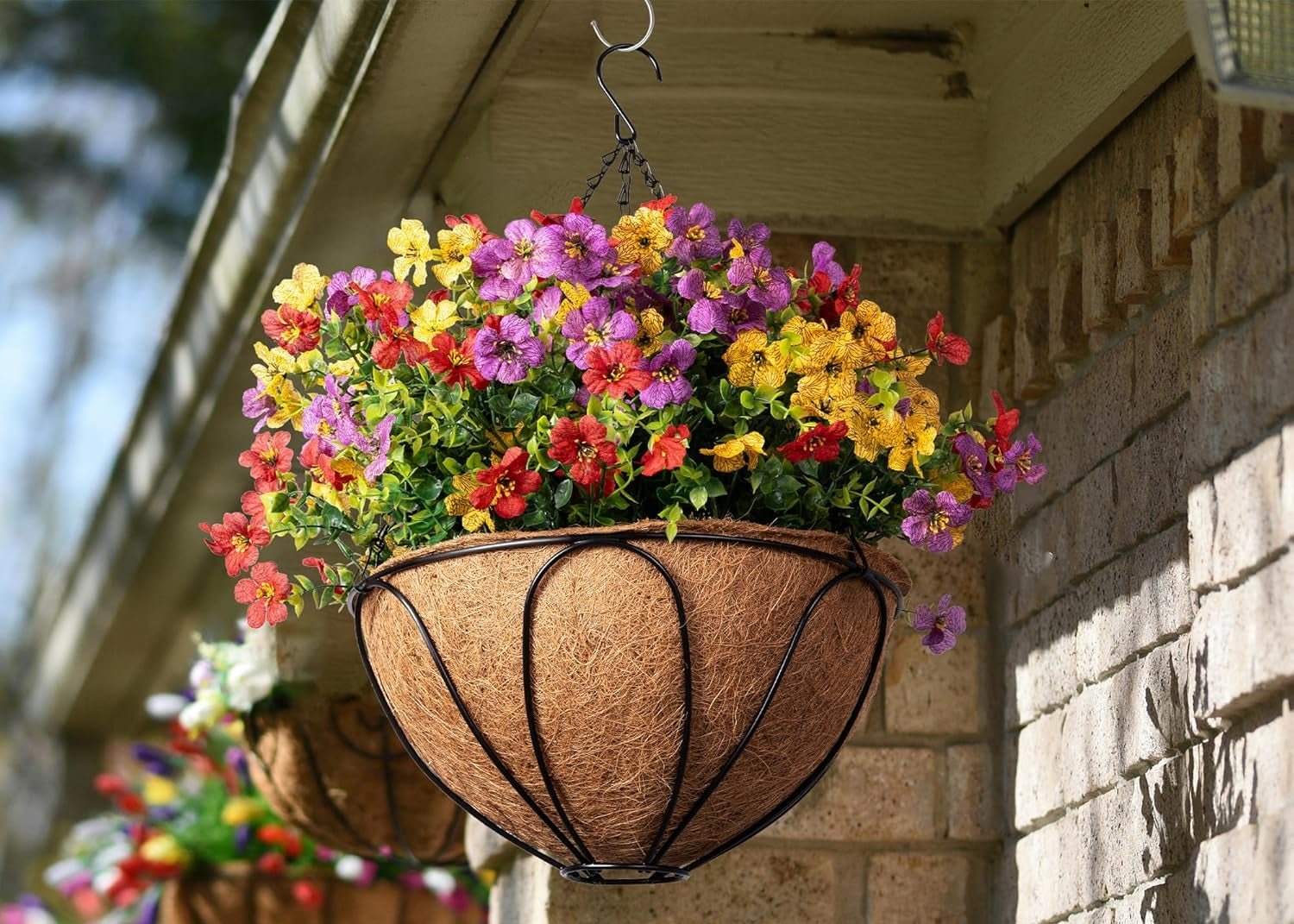 Faux Mums Fall Hanging Basket for Outdoors - UV Resistant Silk Mums Artificial Flowers Outdoor, Look Real Fake Hanging Mums Fall Hanging Baskets, Faux Hanging Plants outside for Patio, Porch Decor