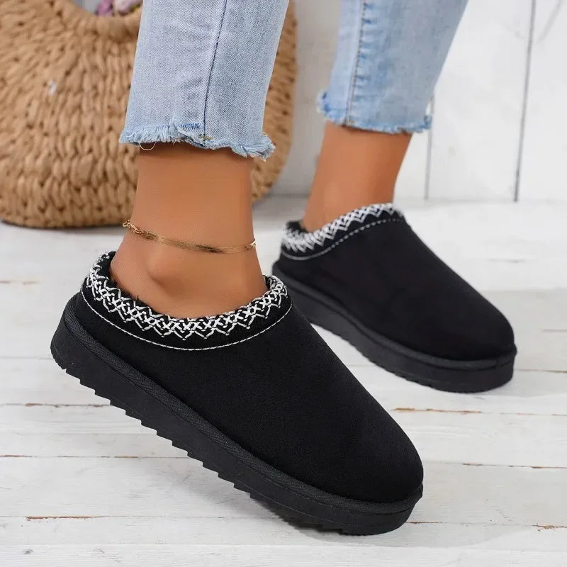 Women Warm Suede Snow Boots Autumn Winter Woman Slip on Platform Boats Close Toe Hair Half Slipper Female Cotton Shoes